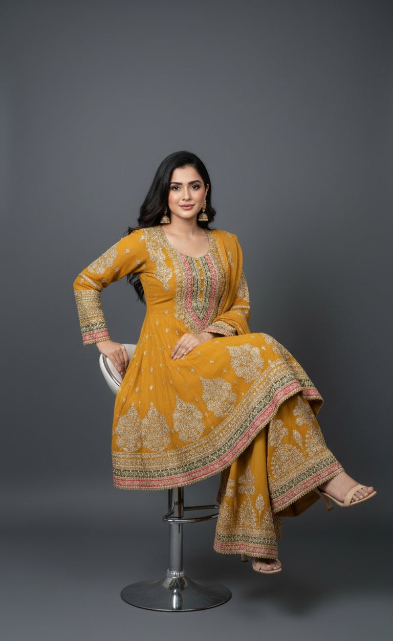 Jewel Tones Embroidered Chiffon Suit