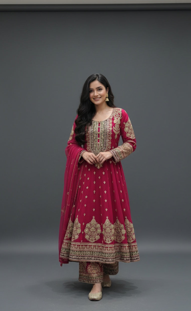 Jewel Tones Embroidered Chiffon Suit