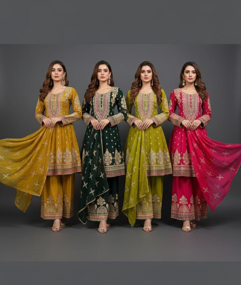 Jewel Tones Embroidered Chiffon Suit