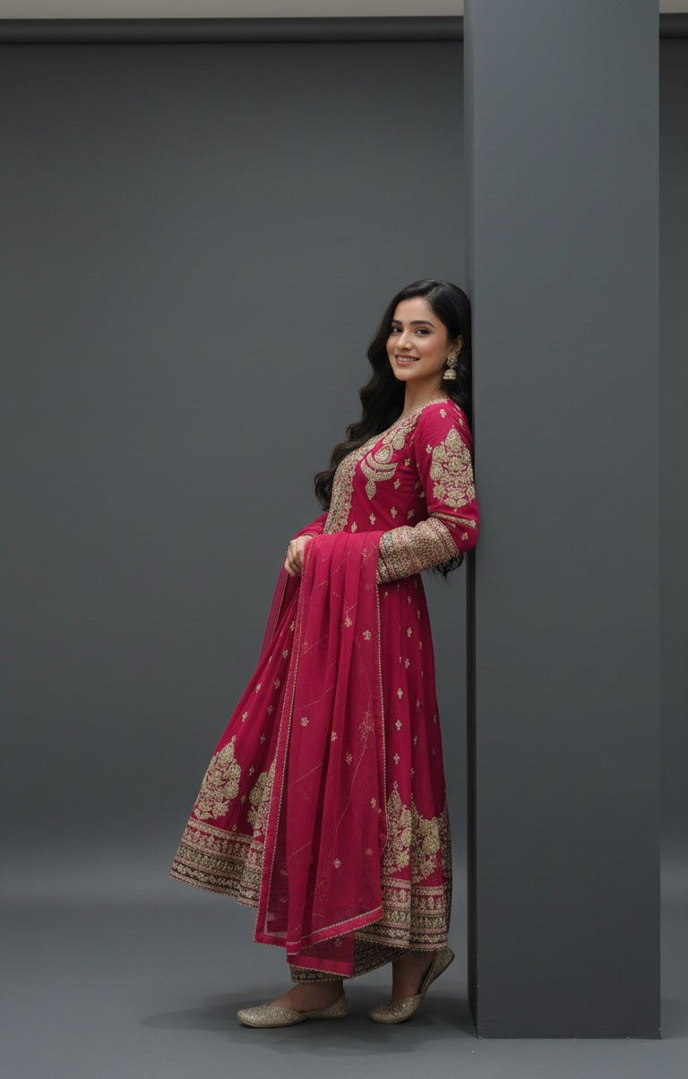 Jewel Tones Embroidered Chiffon Suit